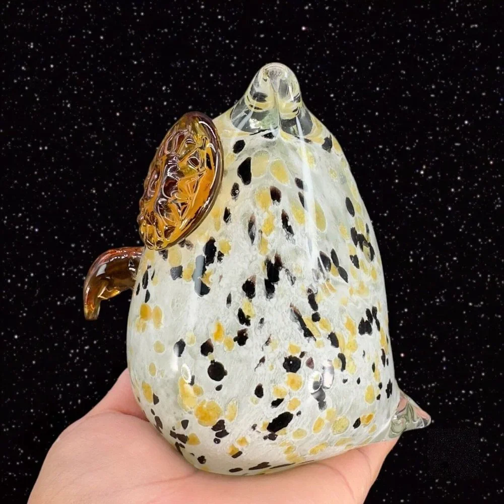 Hollow Owl Bird Art Glass Paperweight Figurine White With‎ Dots Amber Eyes Glass